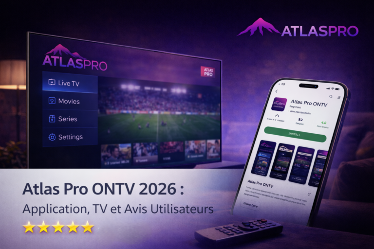 Atlas Pro ONTV 2026 affiché sur télévision et smartphone, application de streaming utilisée sur TV avec interface moderne et avis utilisateurs