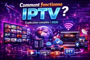 Schéma illustratif montrant comment fonctionne IPTV avec serveur, streaming en ligne, VOD, Live TV et connexion internet en 2026