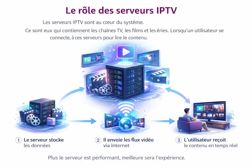 Illustration du rôle des serveurs IPTV montrant le stockage des données, la diffusion des flux vidéo via Internet et la réception du contenu en temps réel par l’utilisateur